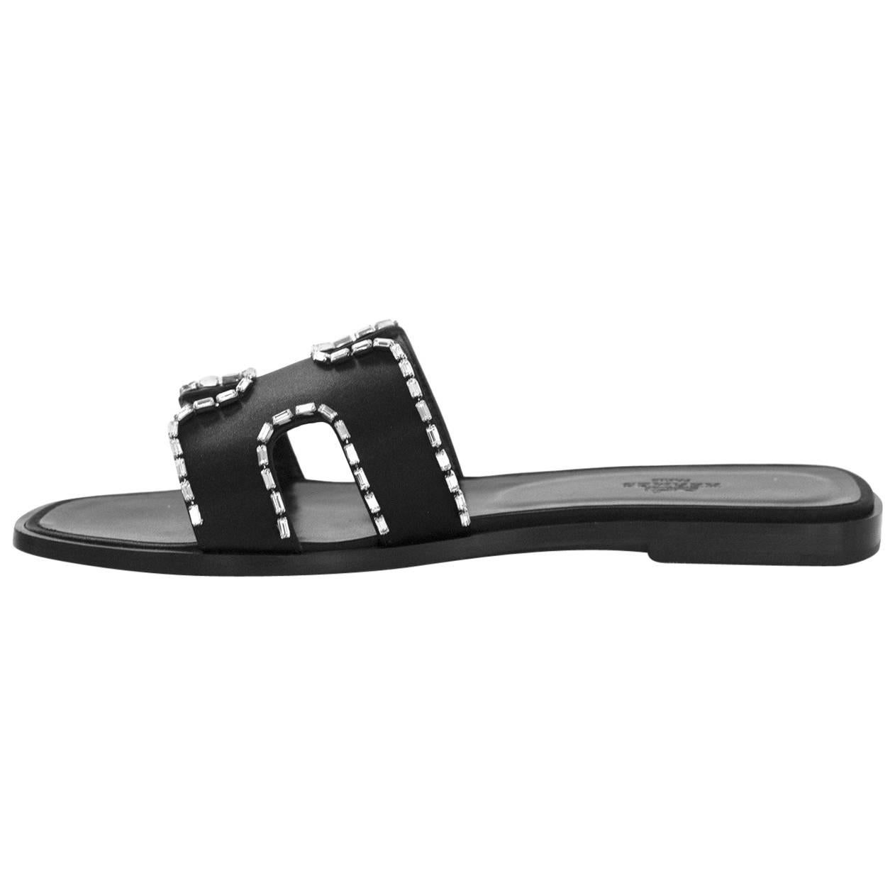 Hermes NEW IN BOX Black Satin and Strass Crystal Oran H Slide Sandals Sz39