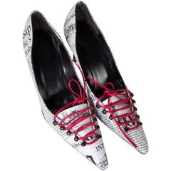 Vero Cuoio Shoes Suede Leather and Silk Magazine Newspaper Print Pumps Size 40 4