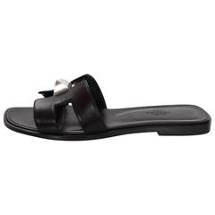 Hermes Black Leather Oran H 2 Clous Pyramides Sandals Sz 39 9