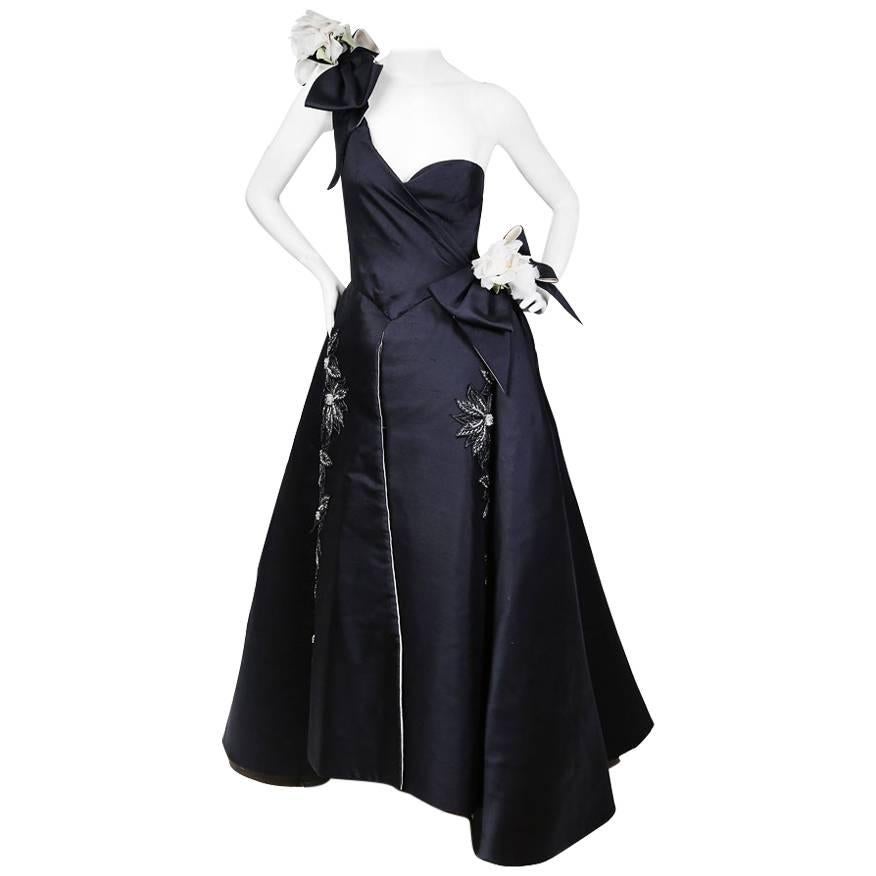 Nina Ricci Navy Blue Gown with White Floral Details circa 1960s For Sale