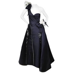 Nina Ricci Navy Blue Gown with White Floral Details circa 1960s