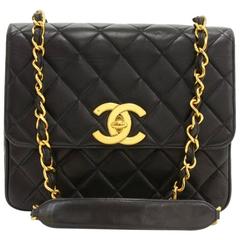 Chanel 10" Black Quilted Leather Shoulder Flap Bag Large CC Logo