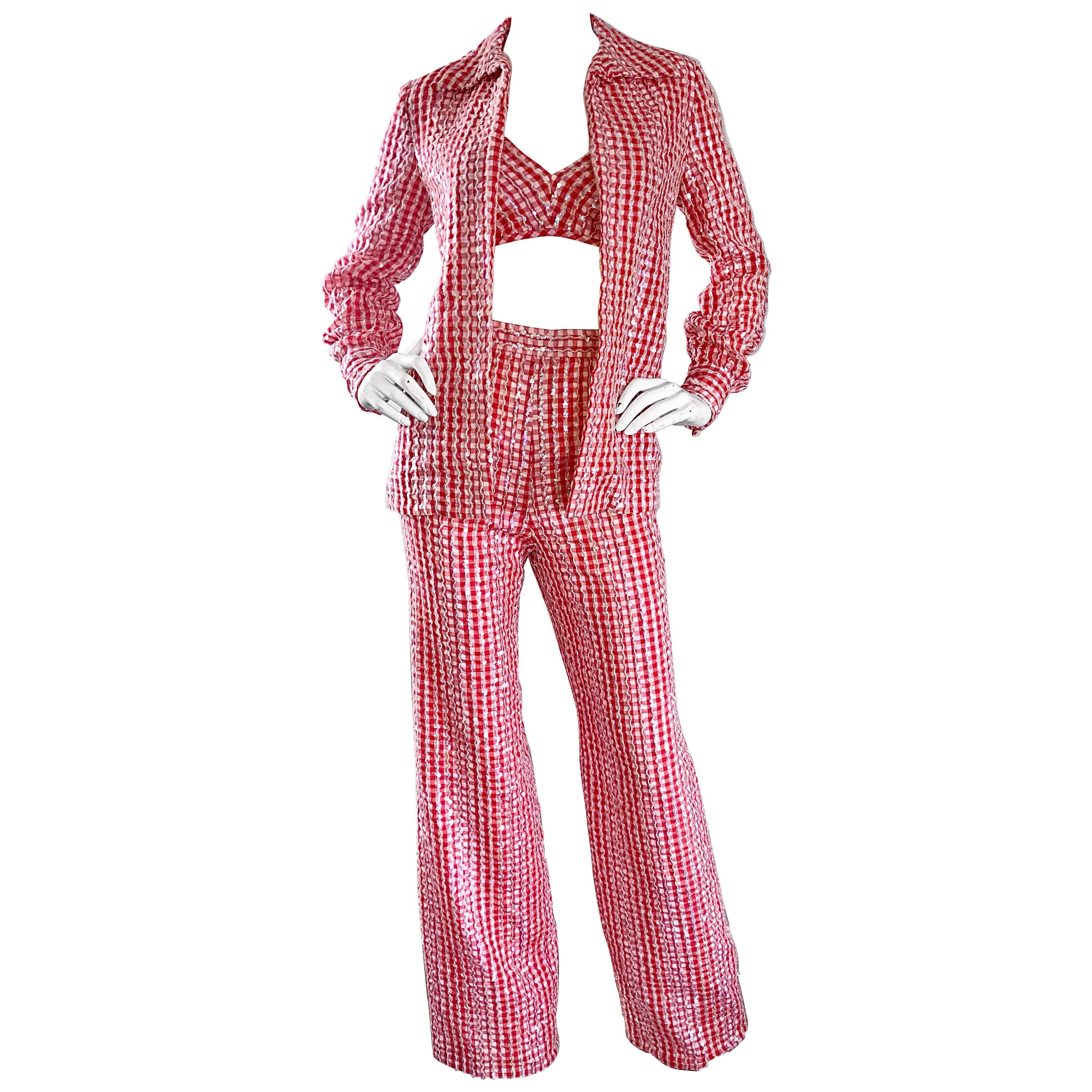 1970s Anthony Muto Red White Gingham Sequined Vintage 70s Three  Piece Ensemble 