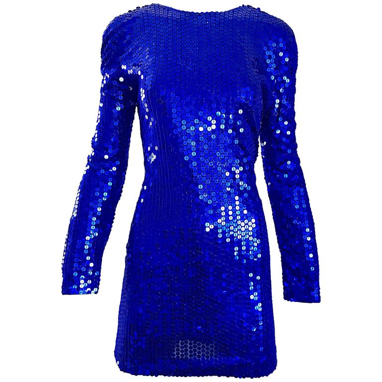 1990s Lillie Rubin Royal Blue Sexy Sequin Long Sleeve Vintage 90s Mini ...