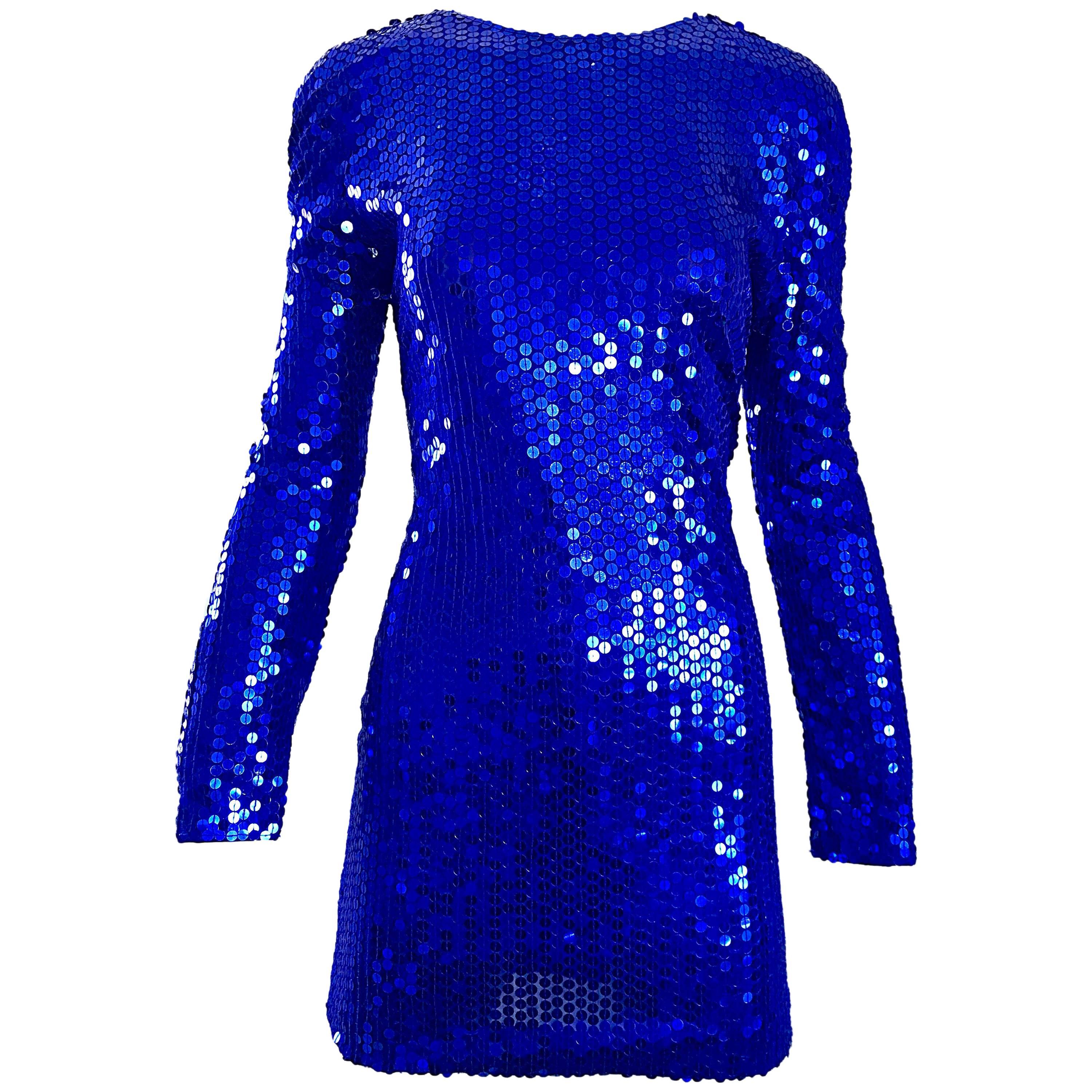 1990s Lillie Rubin Royal Blue Sexy Sequin Long Sleeve Vintage 90s Mini Dress