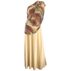 1970s Joy Stevens One Shoulder Gold Grecian Inspired 70s Vintage Gown Maxi Dress