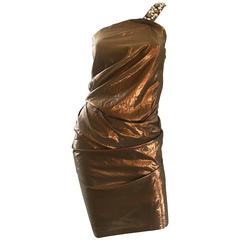 Max Mara Early 2000s Bronze Copper Silk Lame Beaded One Shoulder Toga Dress 9