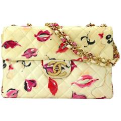 Vintage CHANEL jumbo large ivory 2.55 shoulder bag with pink and red lip pattern