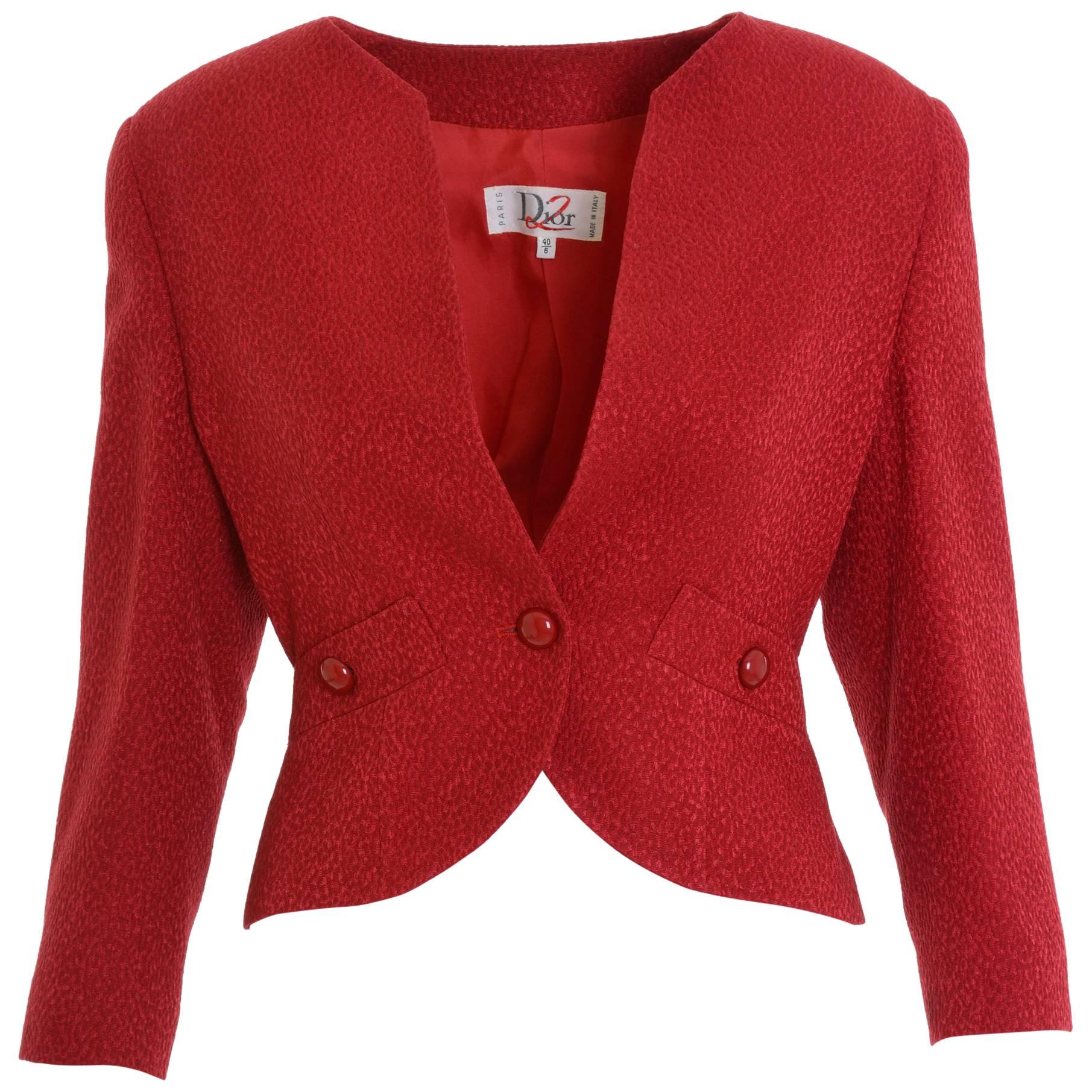 1990s CHRISTIAN DIOR Red Pique Peplum Jacket For Sale