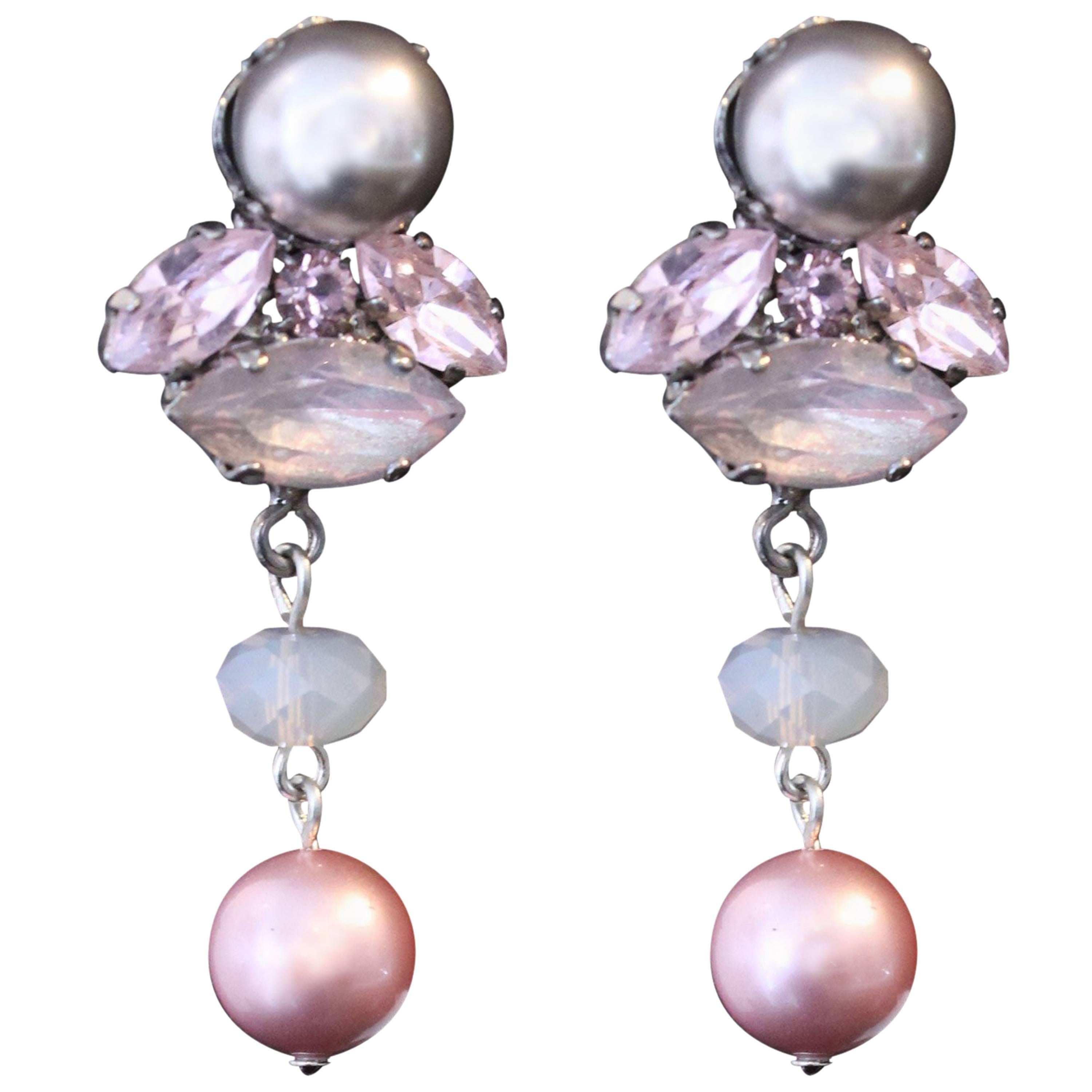 Silver and Pink Swarovski Crystal Pearl Statement Earrings