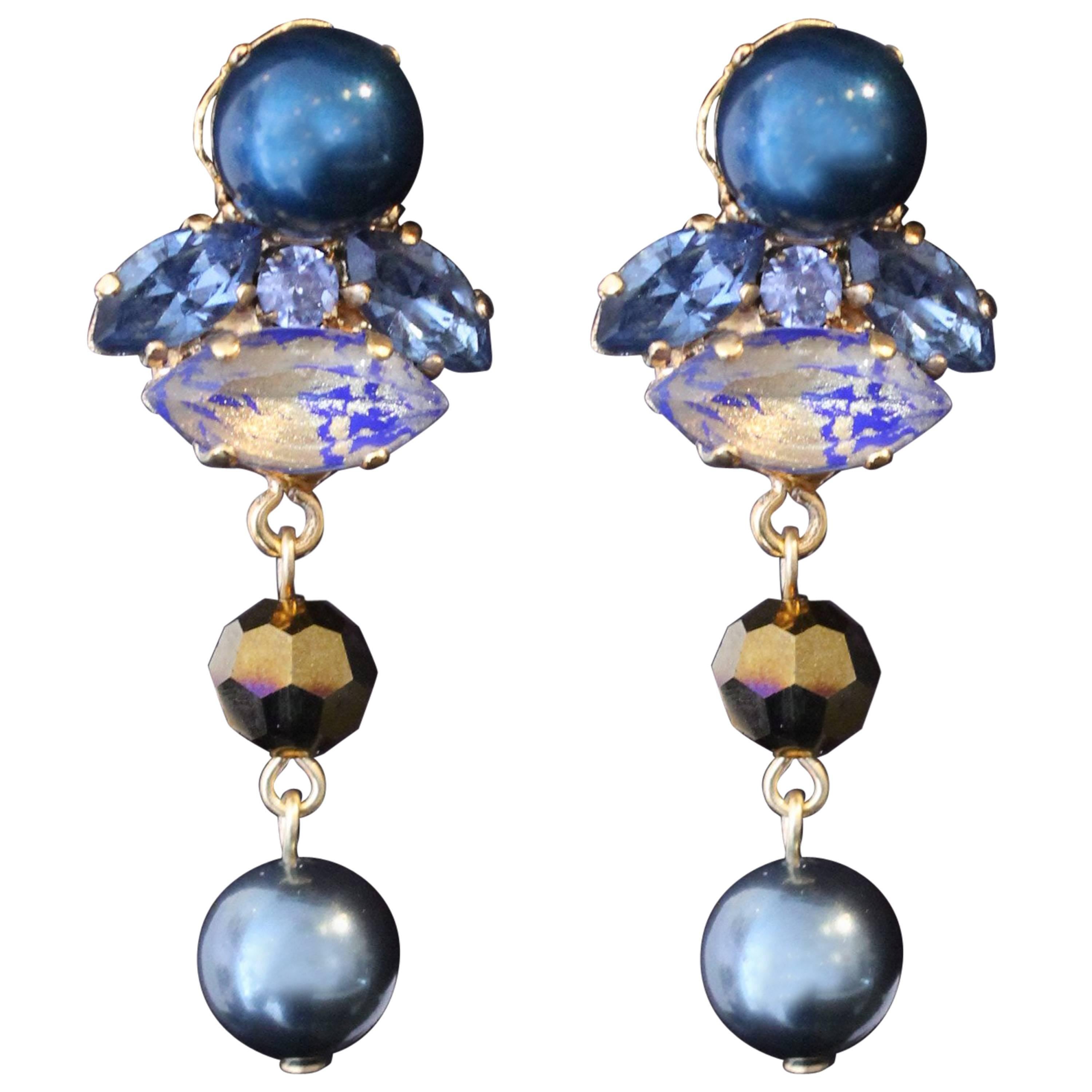 Petrol Blue and Crystal Night Blue Swarovski Pearl Statement Earrings