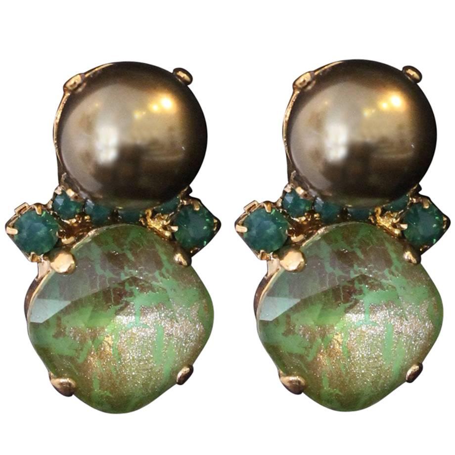 Green and Gold Swarovski Crystal and Pearl Stud Earrings