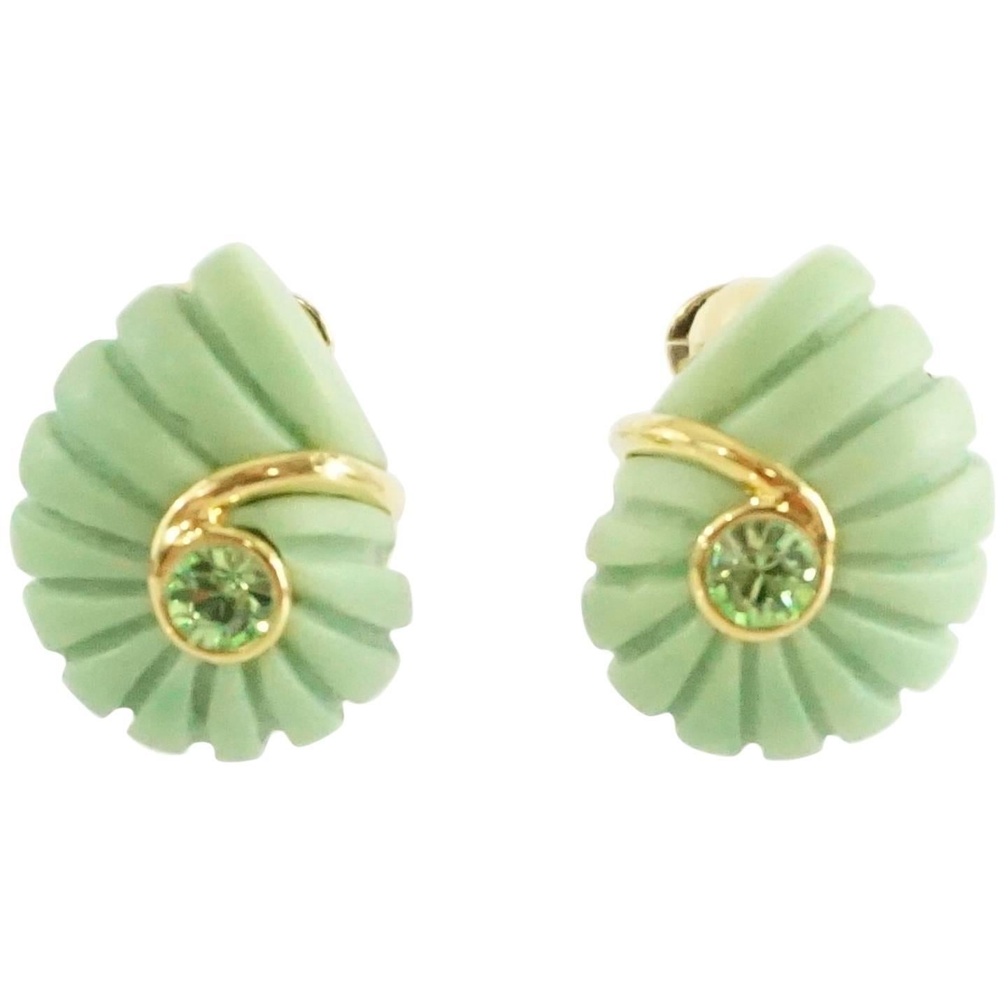 Replica Green Spiral with Green Rhinestone and Gold Detailing Clip Earrings