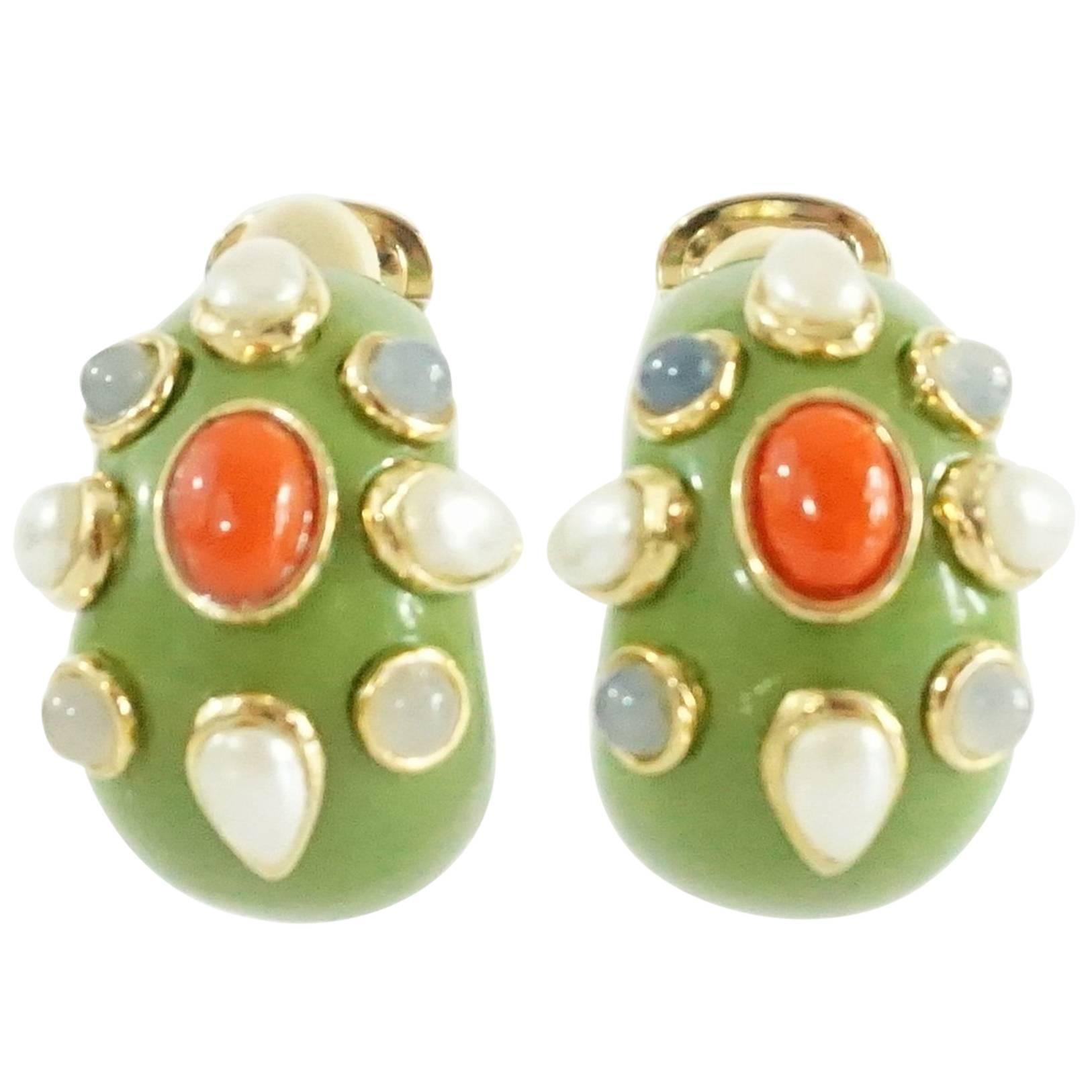 Replica Green with Gold Detailing and Faux Pearl / Orange Beads Clip Earrings