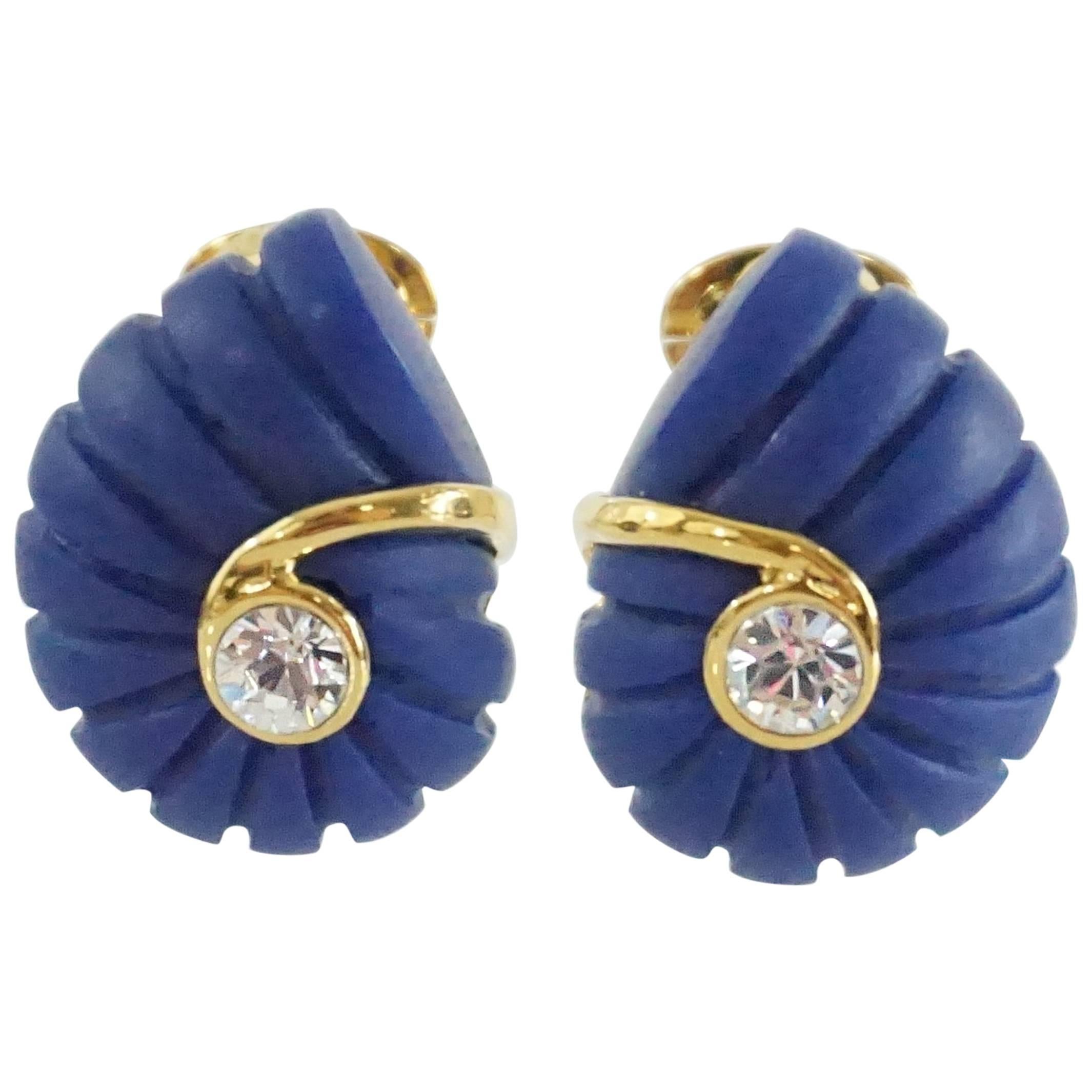 Replica Dark Blue Spiral with Rhinestone and Gold Detailing Clip Earrings