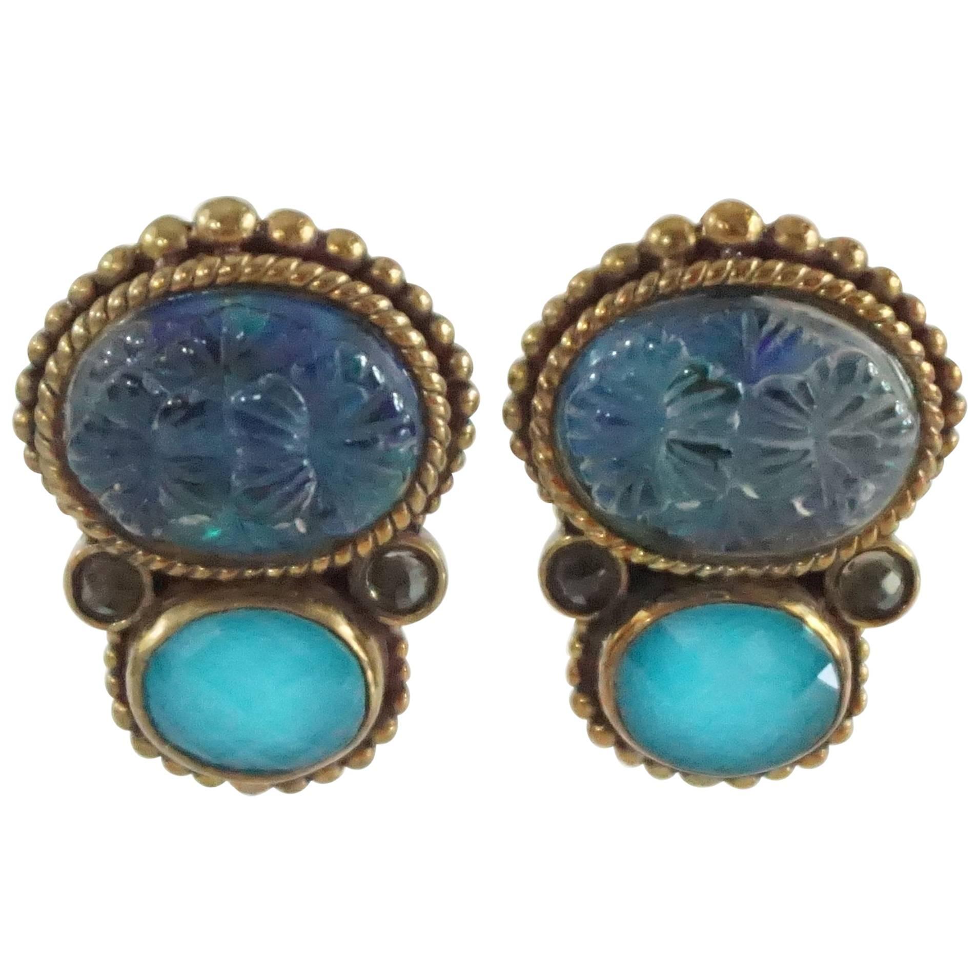 Stephen Dweck Blue and Aqua Crystals Clip Earrings with Bronze - NWT