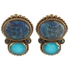 Stephen Dweck Blue and Aqua Crystals Clip Earrings with Bronze - NWT