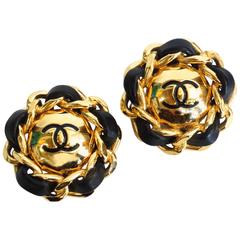 1980s Classic CC Chanel Leather and Gold Dome Earrings 