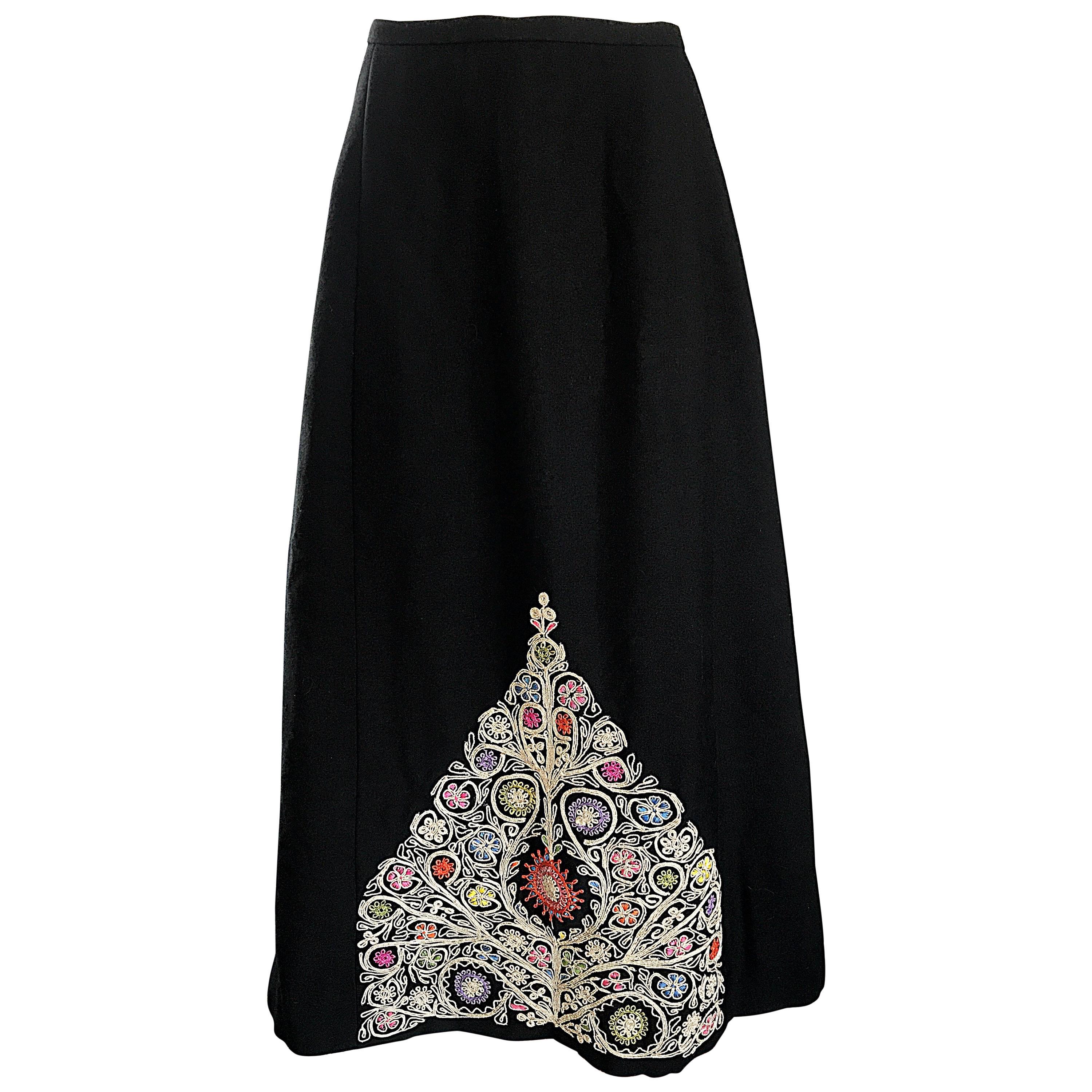 1970s Moroccan Inspired Black Colorful Embroidered 70s Vintage Boho Maxi Skirt For Sale