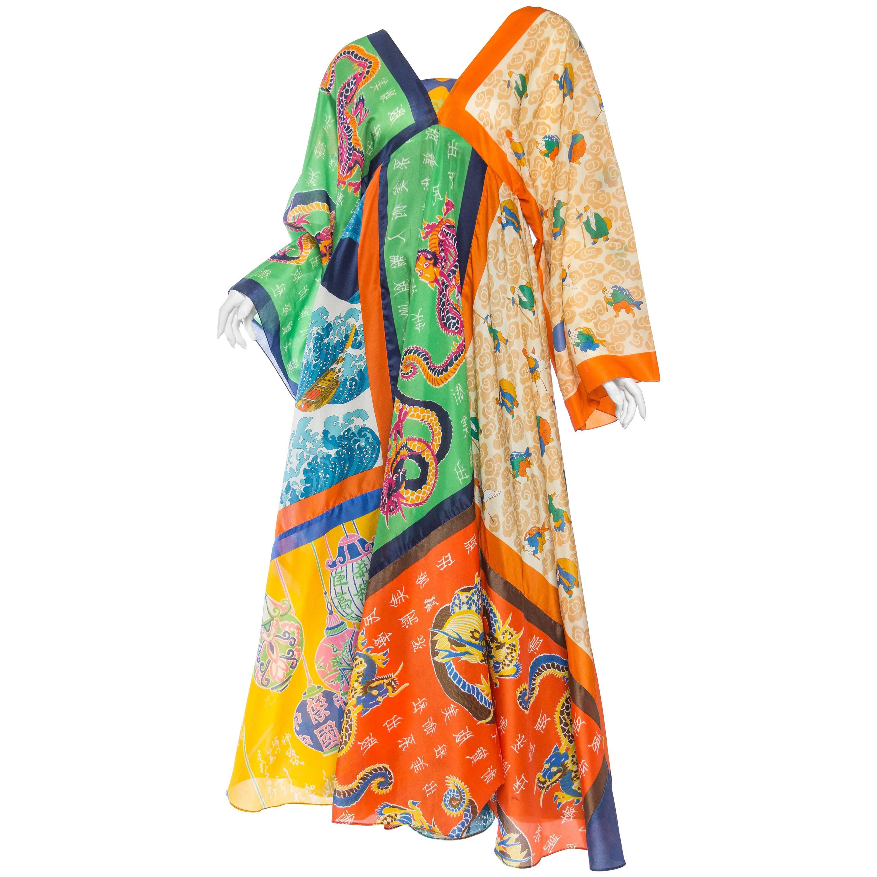 1970S LA VETTA Polyester Asian Dragon Patchwork Scarf Maxi Dress For Sale