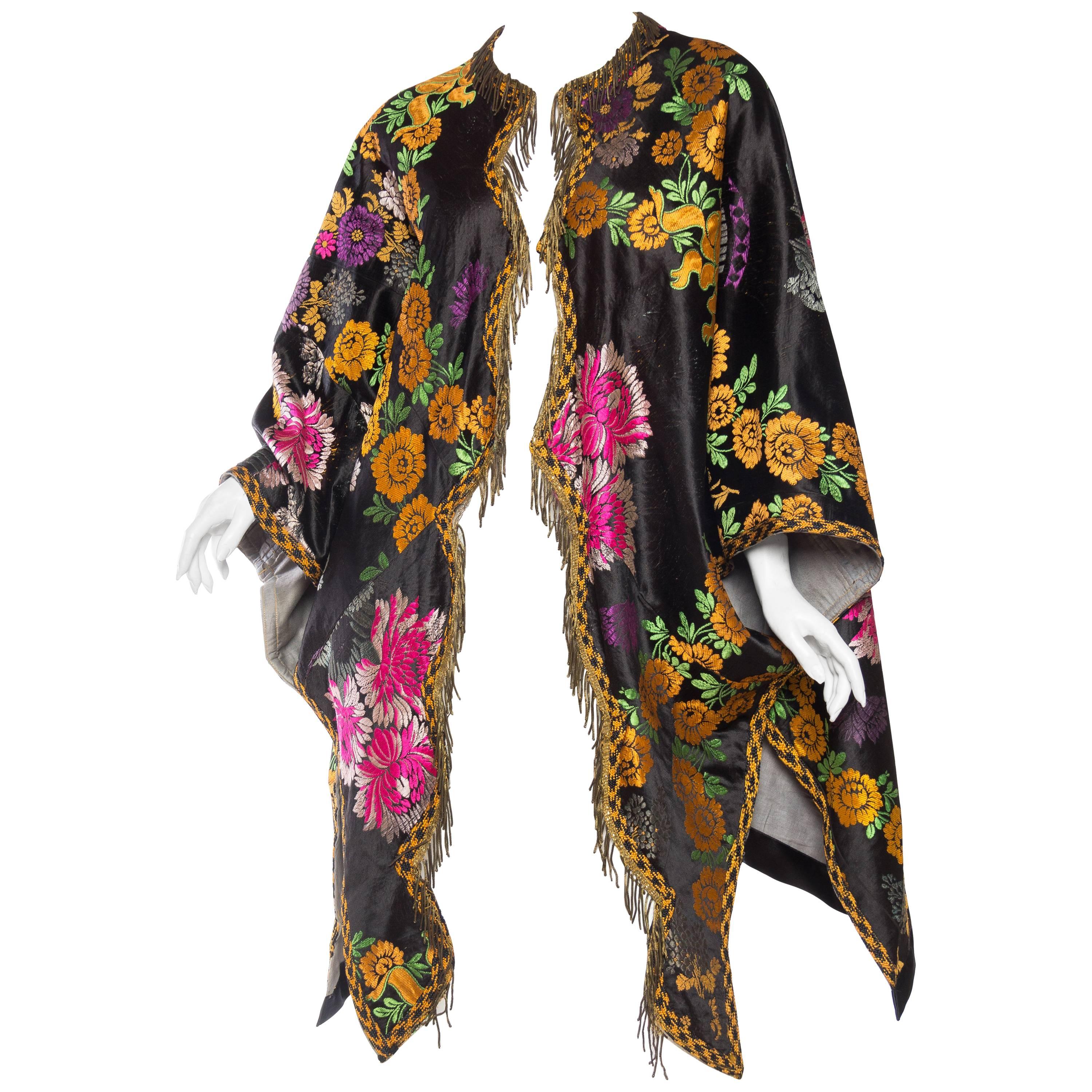 Antique Moroccan Silk Tapestry Coat with Brass Fringe