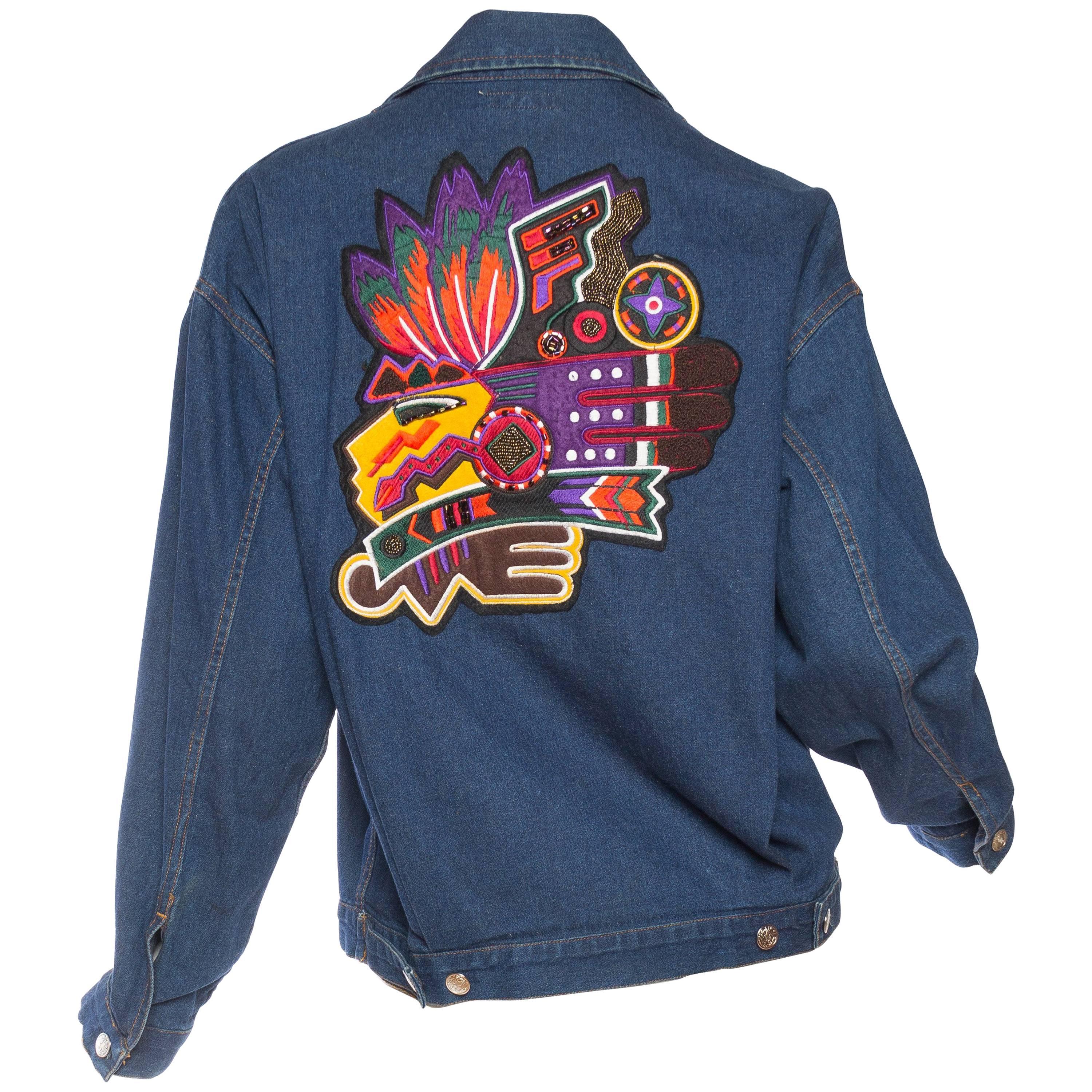 1990S KANSAI YAMAMOTO Cotton Denim Embroidered Mayan Patch Jean Jacket
