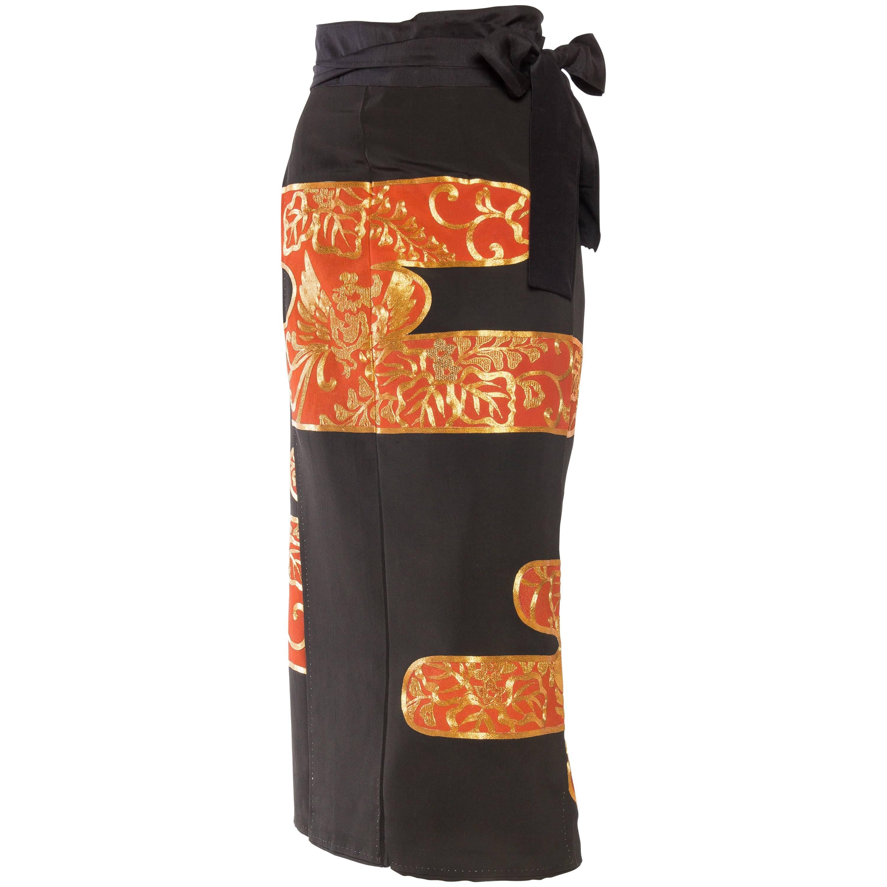 1970S Black & Orange Hand Embroidered In Gold Wrap Skirt Made From Japanese Kim
