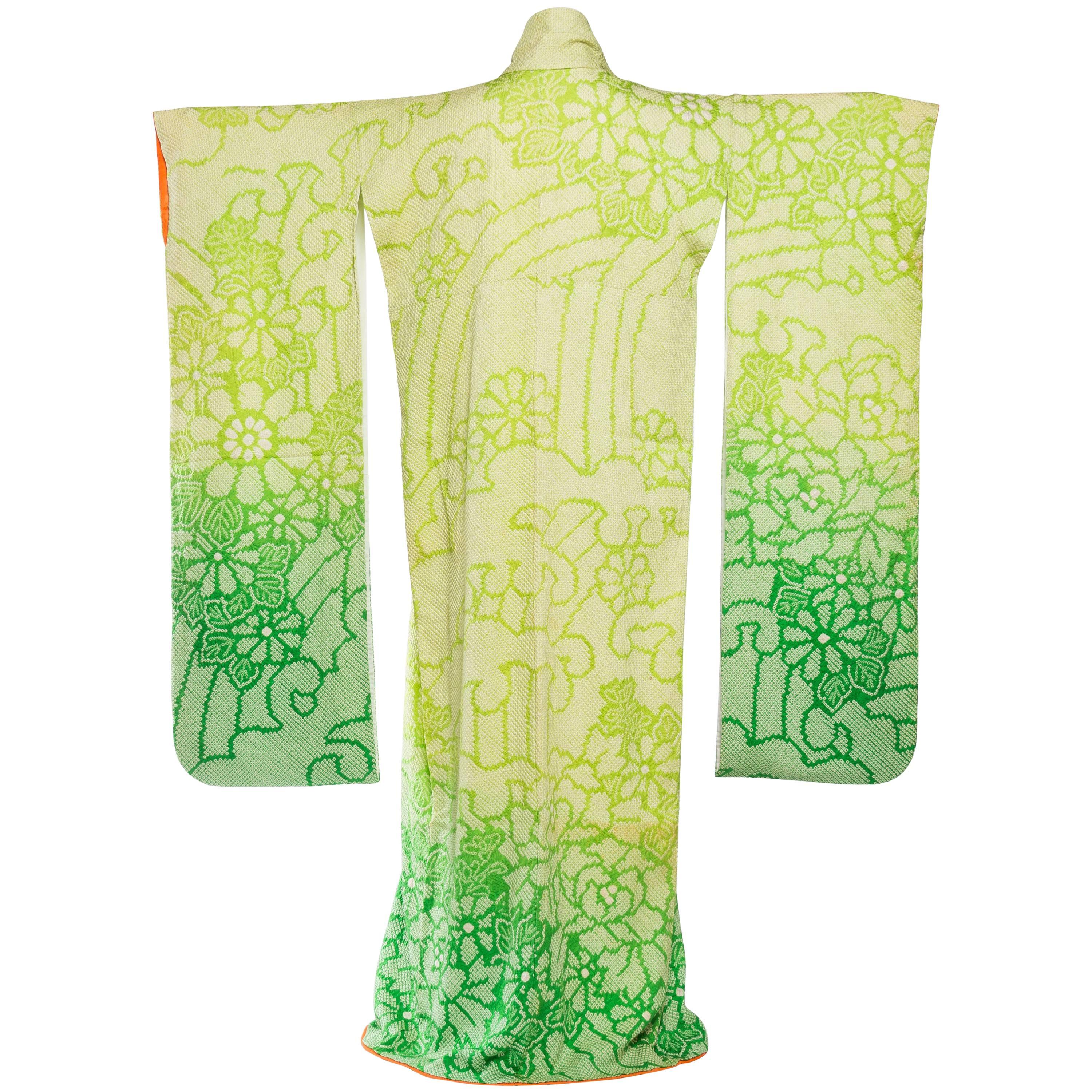 1960S Lime Green Japanese Shibori Silk  Dyed With Ombre Kimono For Sale