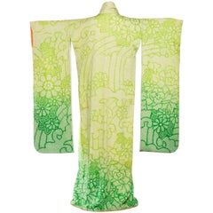 Soie japonaise Shibori vert citron des années 1960  Kimono teint avec effet dégradé