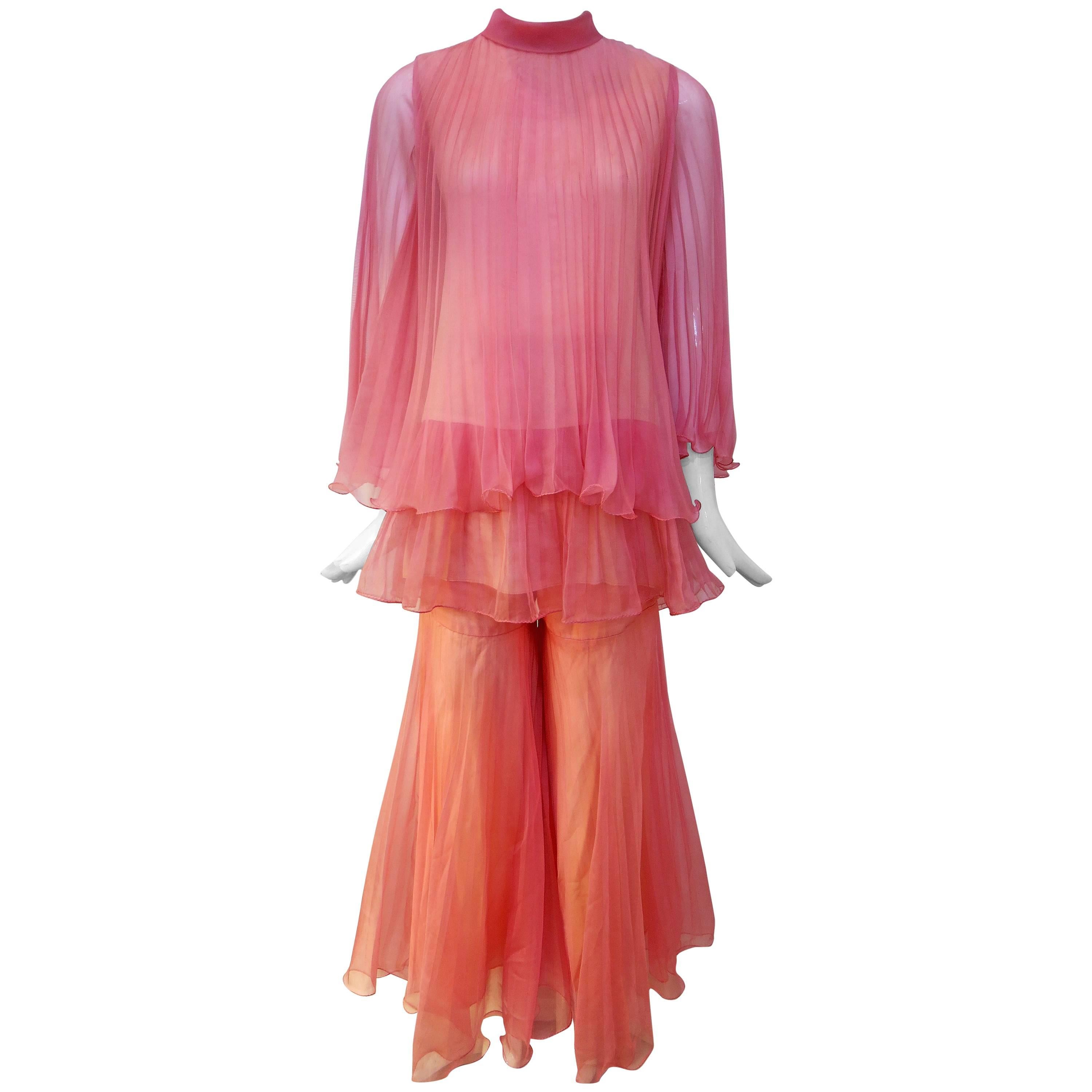 1960s Pink Fluted Pleated Top and Bell Bottom Set For Sale