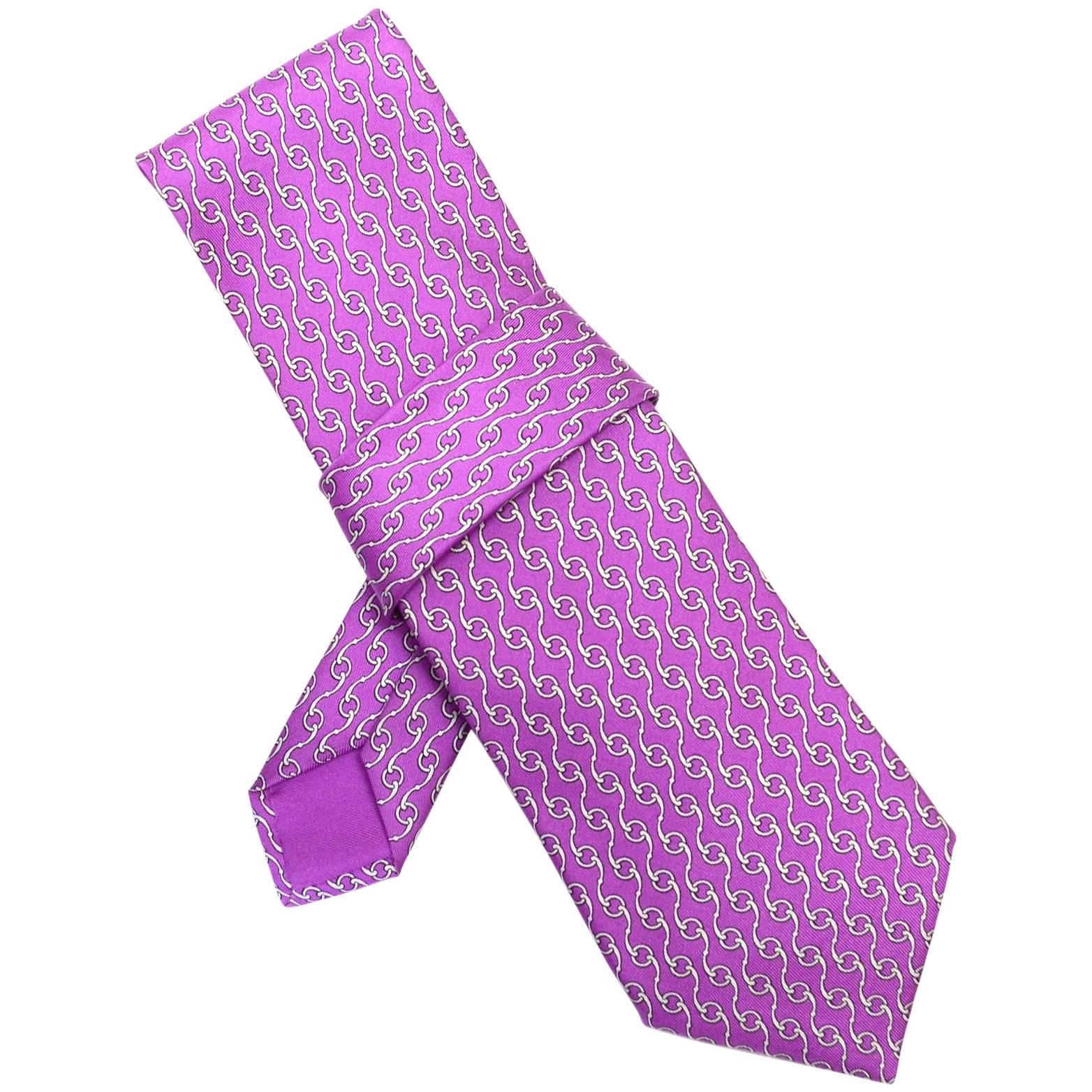 Hermes Purple & White Chain Print Silk Tie