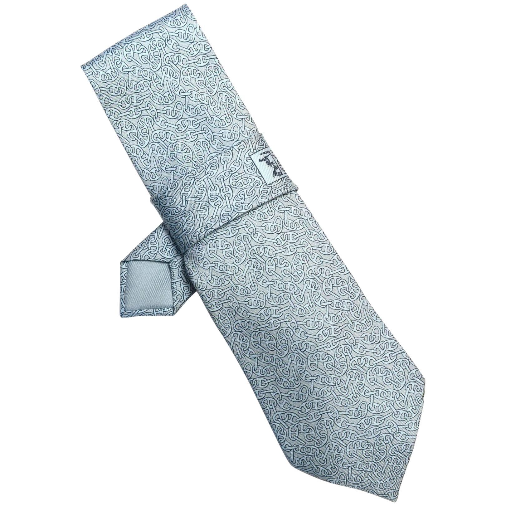 Hermes Light Blue Chaine d'Ancre Print Silk Tie