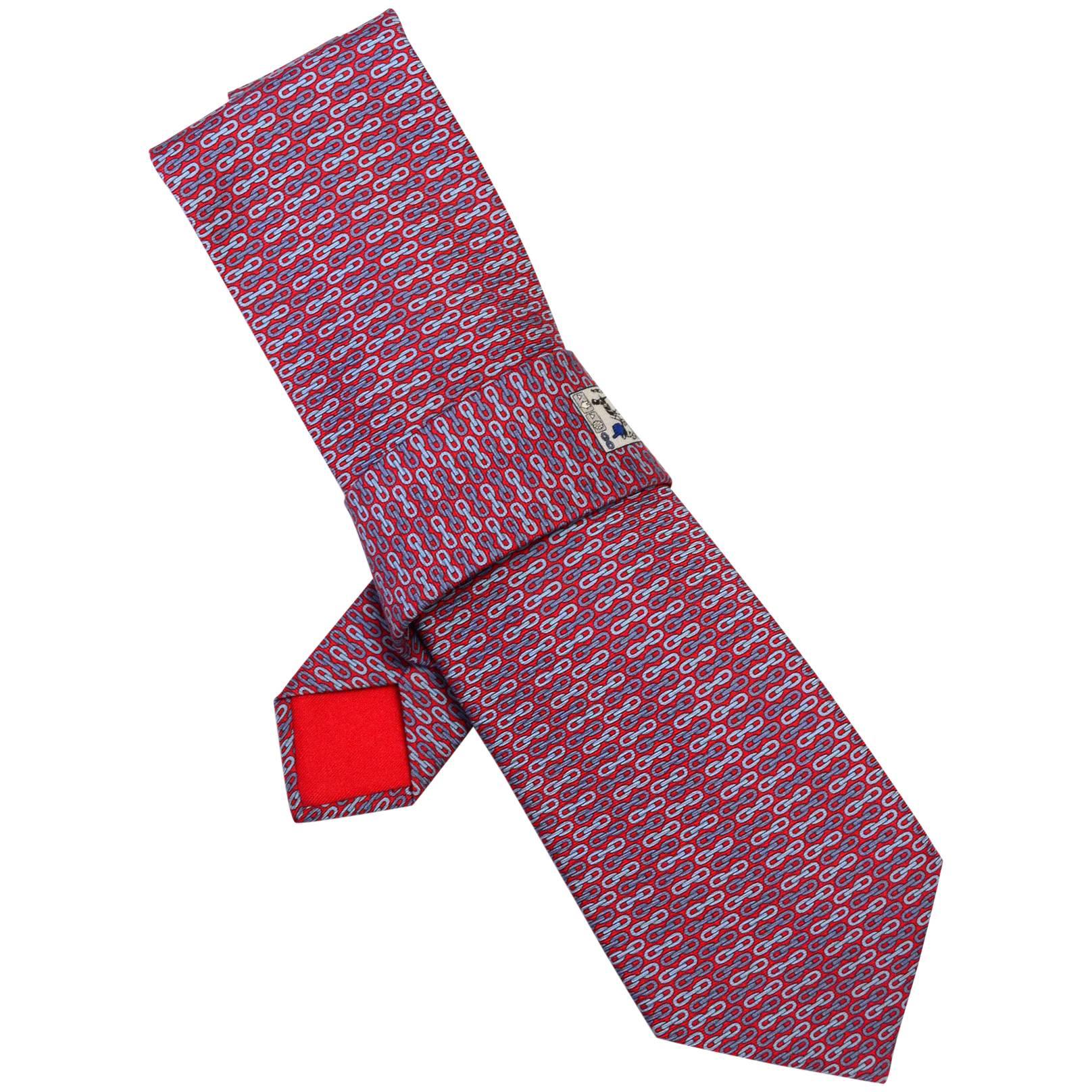 Hermes Red & Blue Chain Print Silk Tie