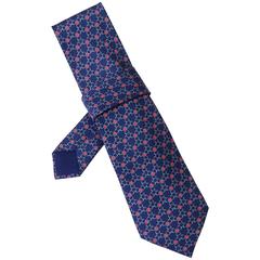 Hermes Red & Navy Woven Chain Print Silk Tie