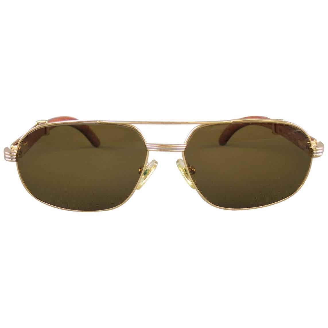 Cartier Sunglasses - Gold Tone Metal and Wood Multi Lens, 1990s 