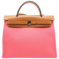 Hermes Herbag PM Rose Azalee Pink Canvas Top Handle Bag