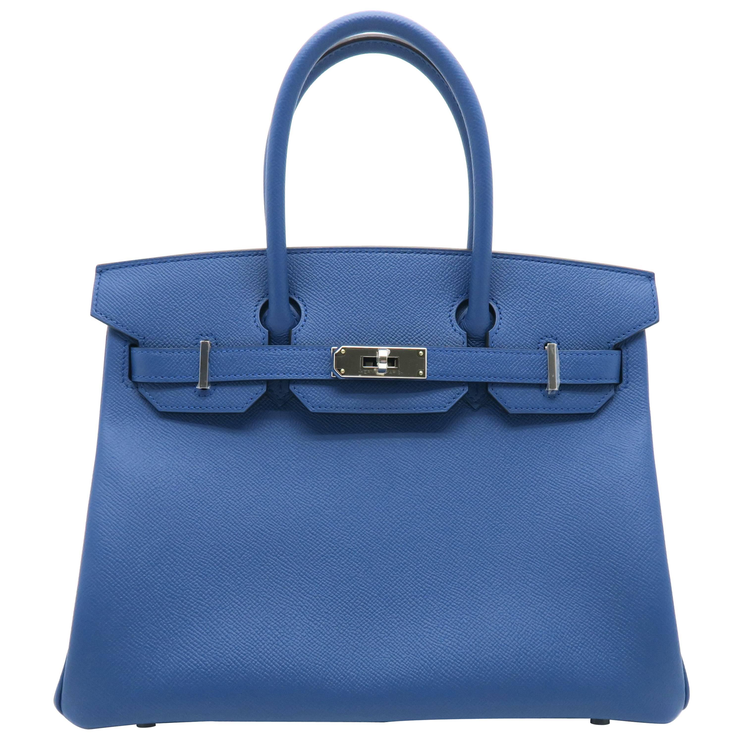 Hermes Birkin 30 Bleu Agate Blue Epsom Leather Silver Metal Top Handle Bag