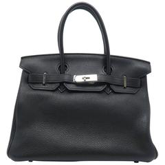 Hermes Birkin 30 Noir Black Clemence Leather Silver Metal Top Handle Bag