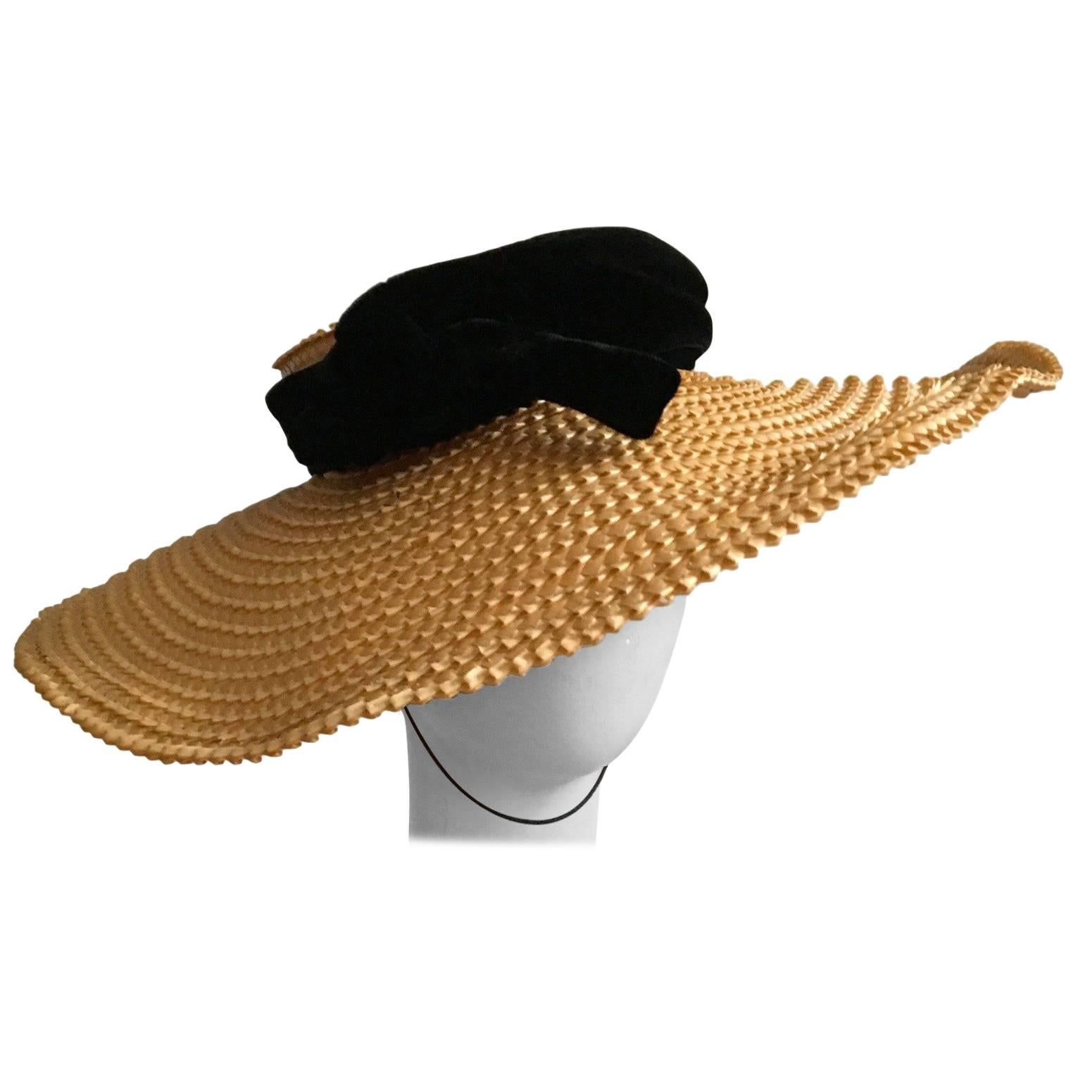 J Marti Marti Barcelona 1960s Straw & Velvet Wide Brim Saucer Hat Vintage For Sale