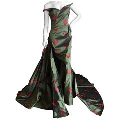 John Galliano Iridescent Green Silk Evening Gown with Huge Train