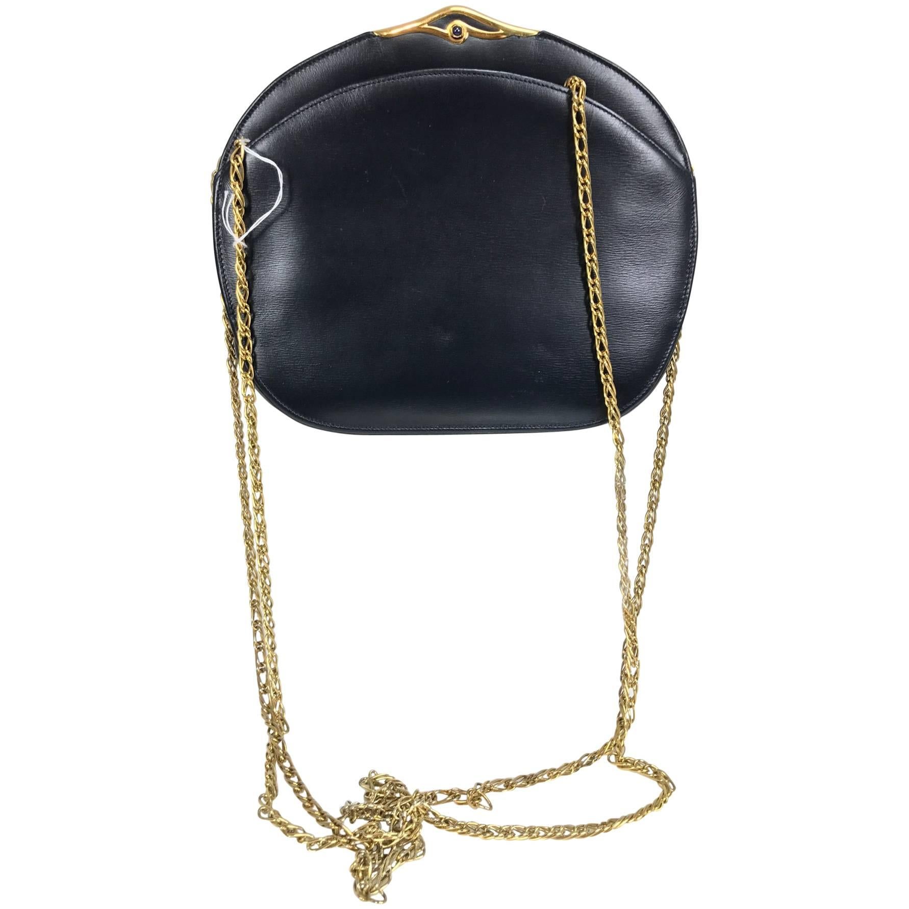 Cartier Black box calf clutch or gold chain shoulder bag gold clasp with stone