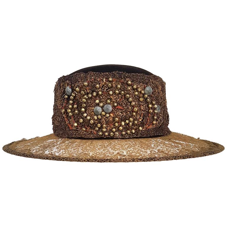 1920s Brass Lace and Beaded Wide Brim Hat at 1stdibs
