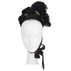 Victorian Black Bonnet w/ Feathers & Beads