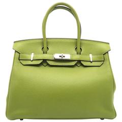 Hermes Birkin 30 Vert Anis Green Clemence Leather Silver Metal Top Handle Bag