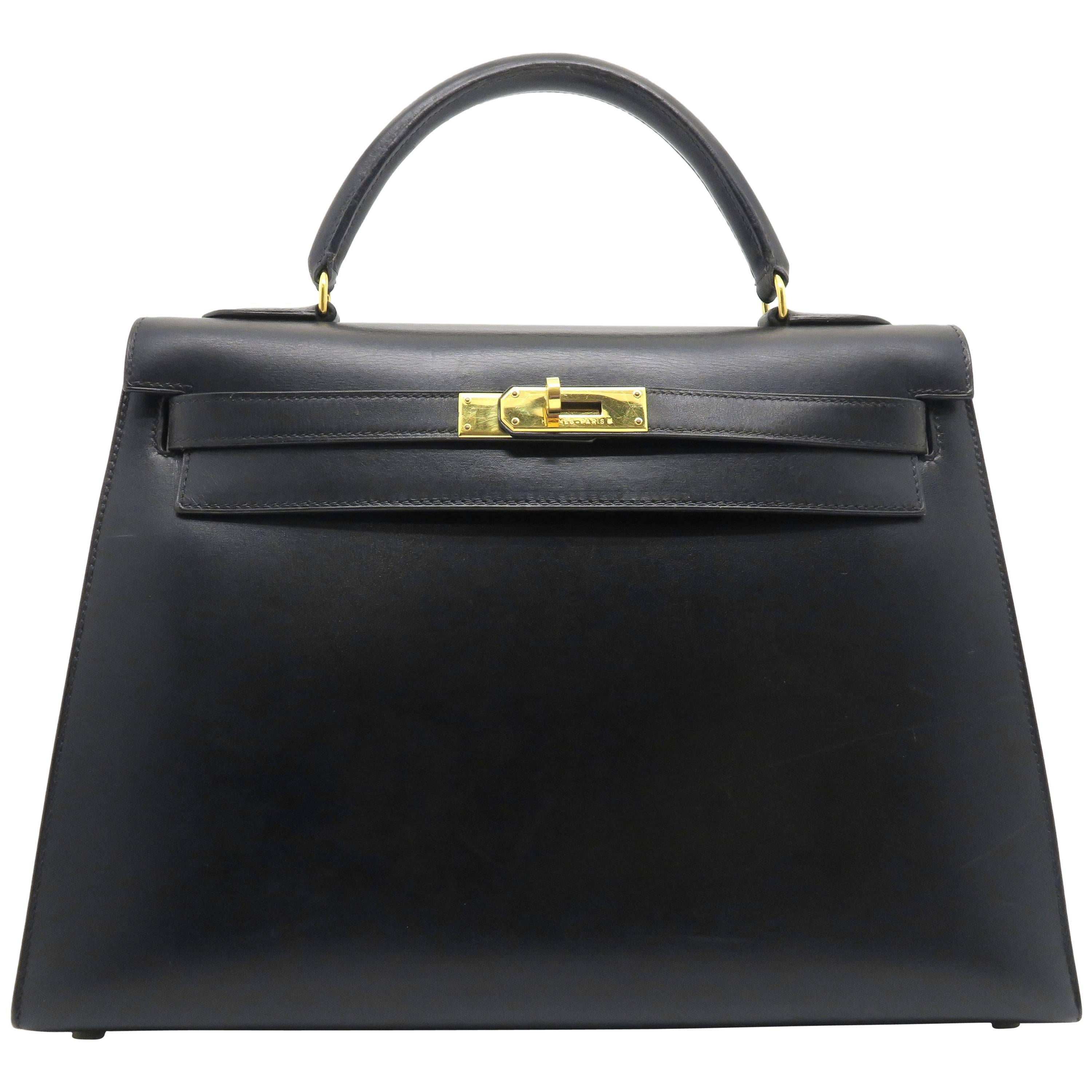 Hermes Kelly 32 Noir Black Box Leather Gold Metal Top Handle Bag