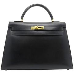 Hermes Kelly 32 Noir Black Box Leather Gold Metal Top Handle Bag