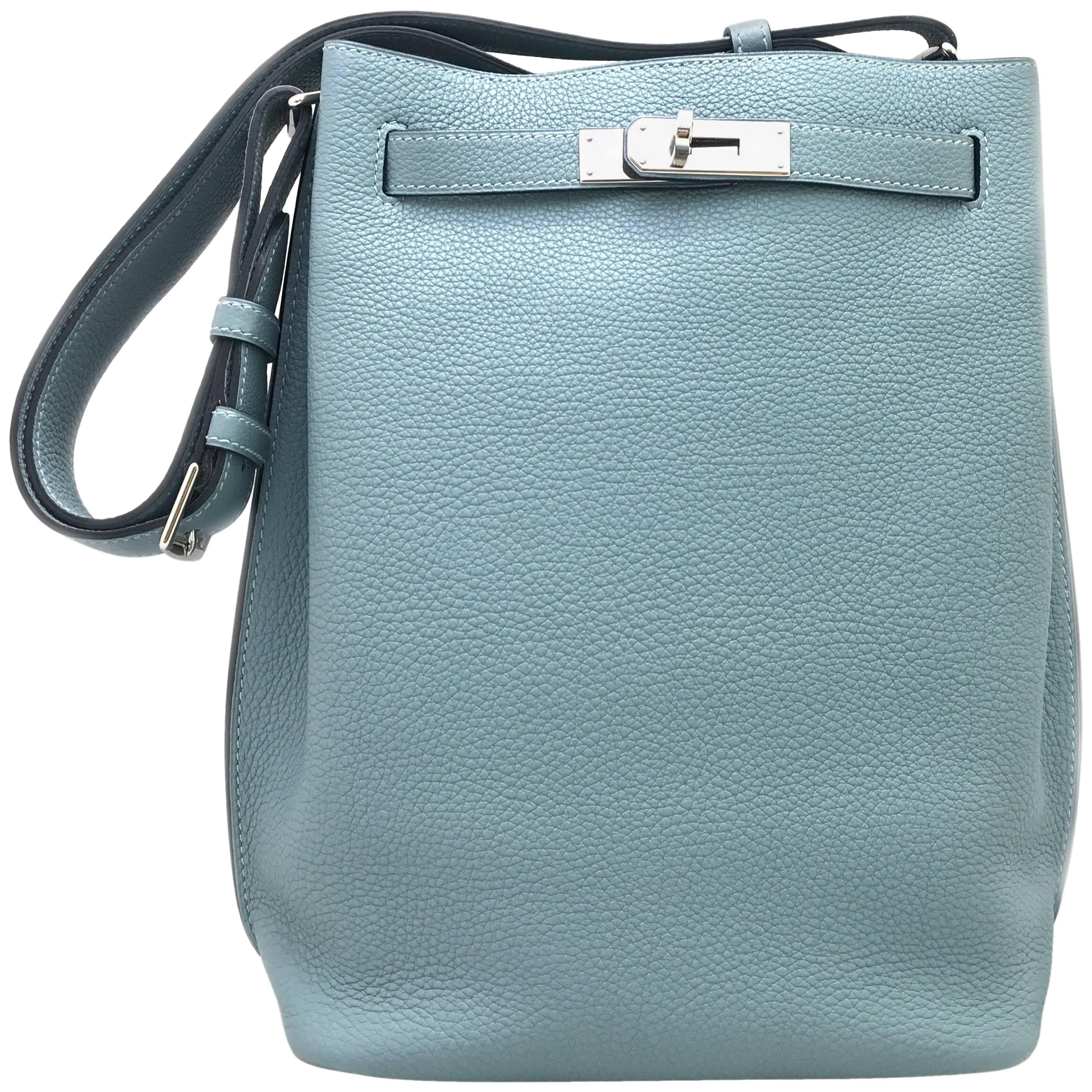 Hermes So Kelly Ciel Blue Togo Leather Silver Metal Shoulder Bag