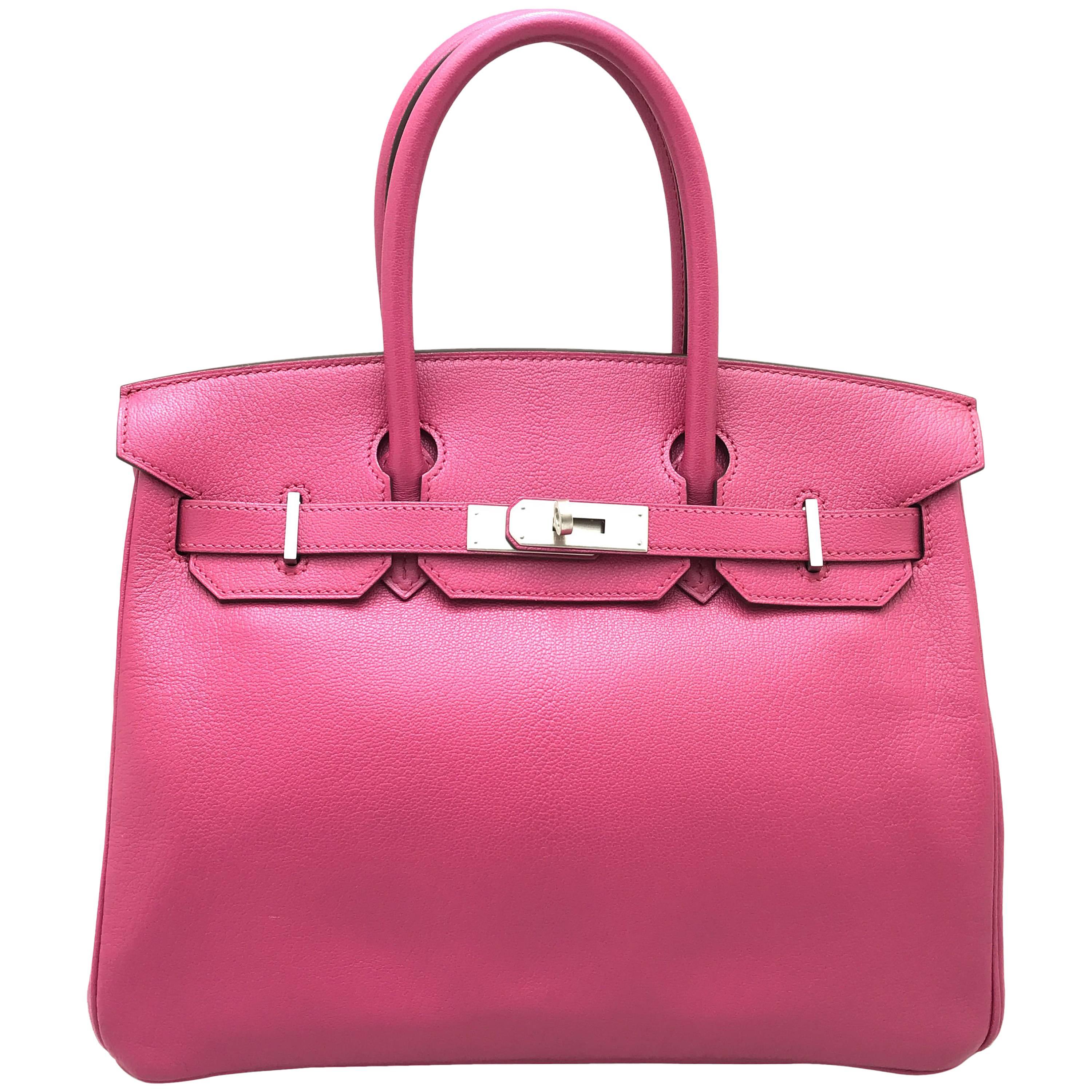 Hermes Birkin 30 Rose Tyrien Pink Chevre Leather Silver Metal Top Handle Bag