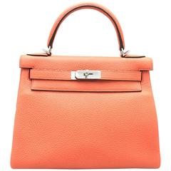 Hermes Kelly 28 Orange Poppy Clemence Leather Silver Metal Top Handle Bag