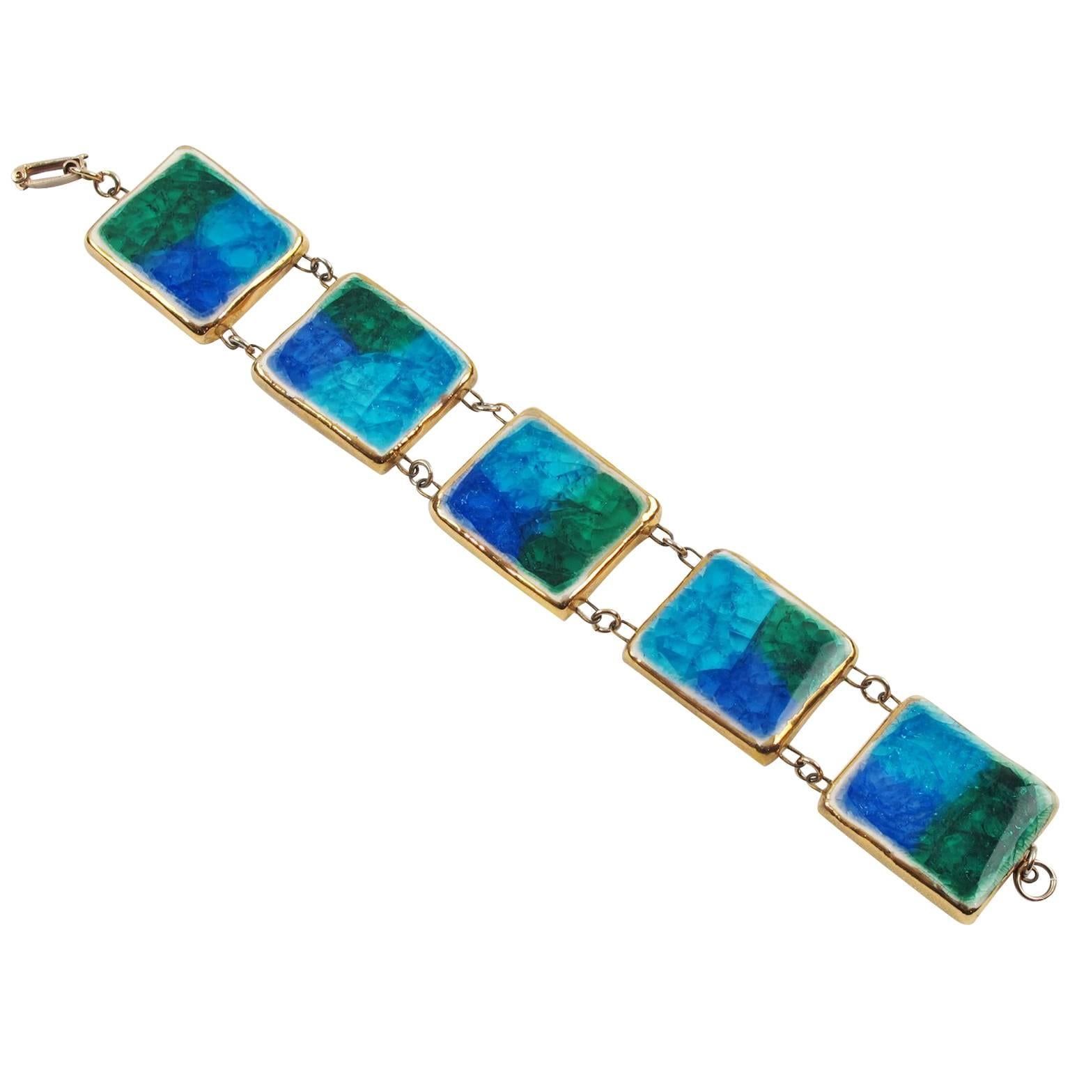 Rare Mid Century Modern Ceramic Link Bracelet Turquoise Blue Fused Glass